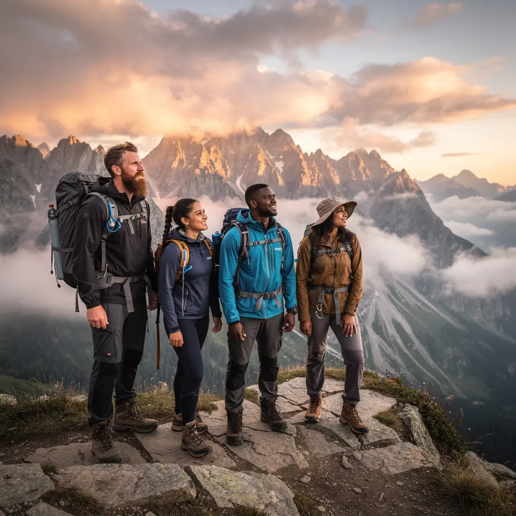 Горные вершины с заснеженными пиками на фоне ясного синего неба.