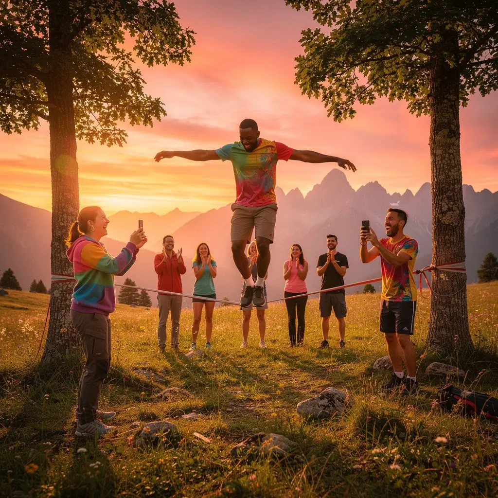 Кемпинг у подножия горы с палатками и костром.