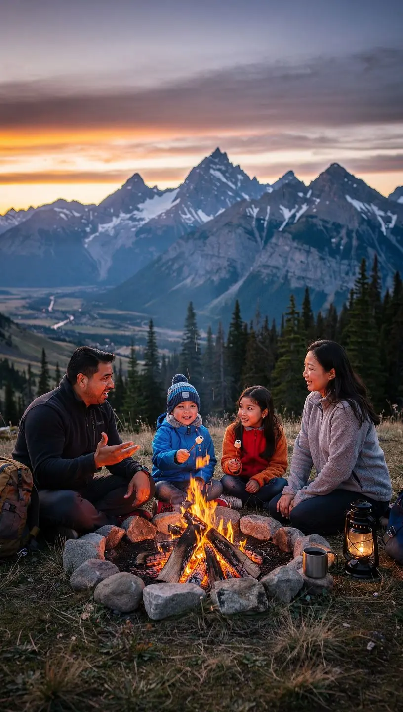 Тропа, окруженная высокими соснами и цветущими альпийскими растениями.